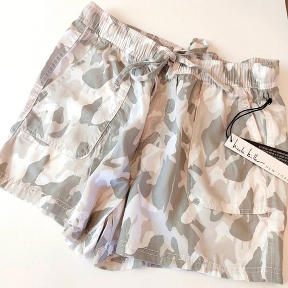 Gray & White Camo Print Draw String Paper Bag Style Shorts | Large NICOLE MILLER - Picture 2 of 11